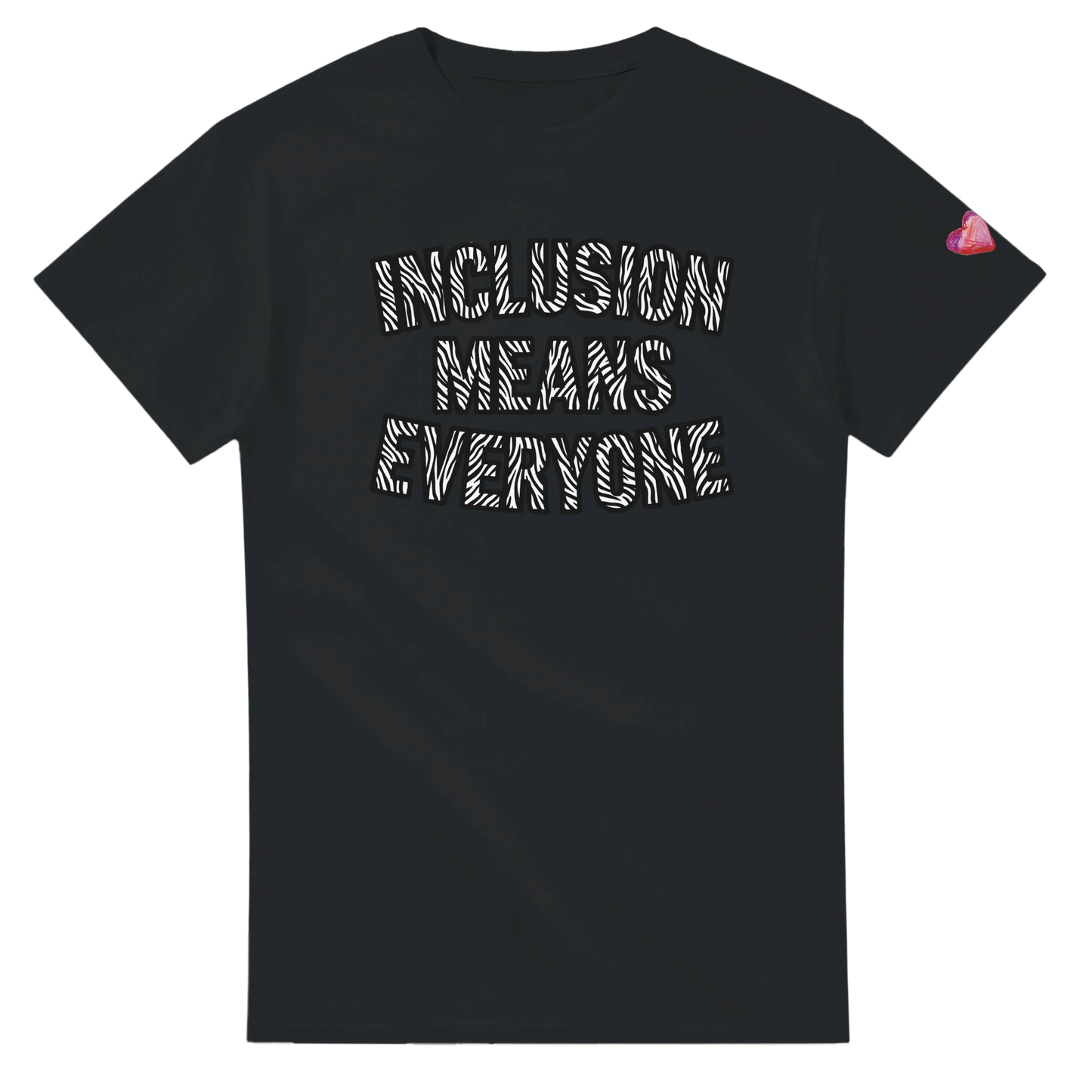 Black t-shirt with 'INCLUSION MEANS EVERYONE' text on the back, on a white background Rare Disease Advocacy