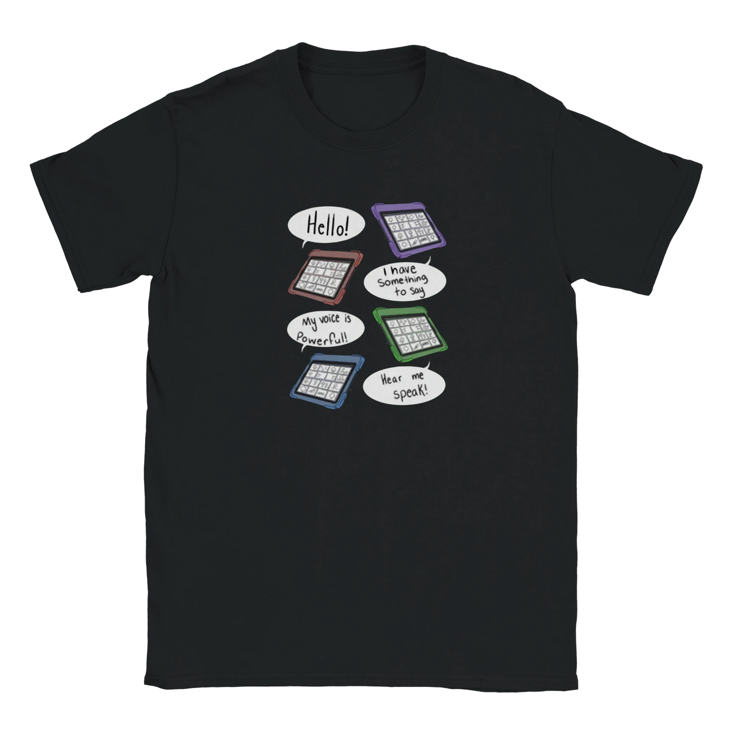 My voice matters AAC t-shirt celebrating augmentative communication users and their right to be heard
