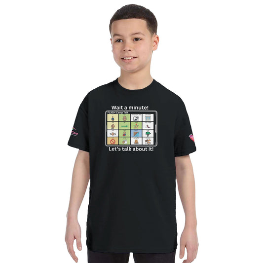 FLASH Camp participant wearing Wait a Minute Let's Talk About it AAC communication t-shirt