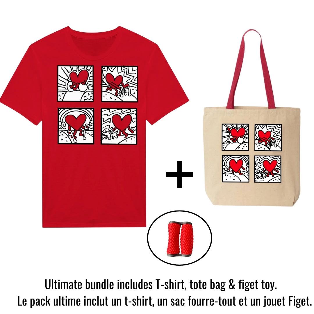 mage of Red t-shirt with a bold graphic in lack and white featuring 4 hearts, 3 using aids representing visible, invisible disabilities. The bottom left square shows a heart walking with a guide dog. There is a matching Tote bag and red focus roller it is small, it fit in one's hand. text reads Ultamate bundle includes T-shirt, tote bag and fidget toy