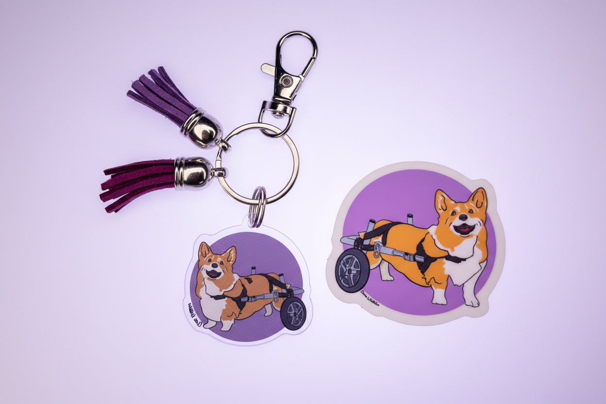 Corgi keychain and sticker combo pack featuring disability representation, advocacy artwork and waterproof accessories
