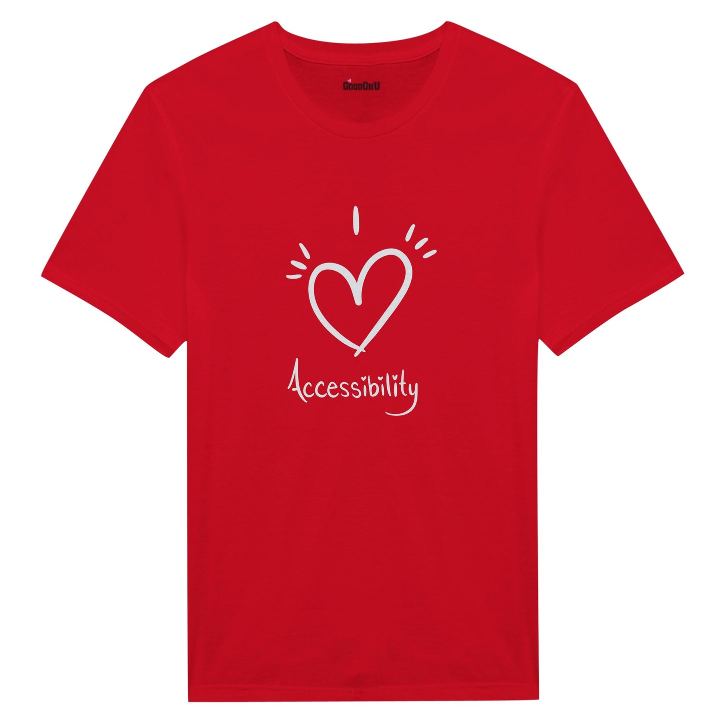 Red t-shirt with I Heart Accessibility design for Red Shirt Day, promoting disability rights and accessible housing
