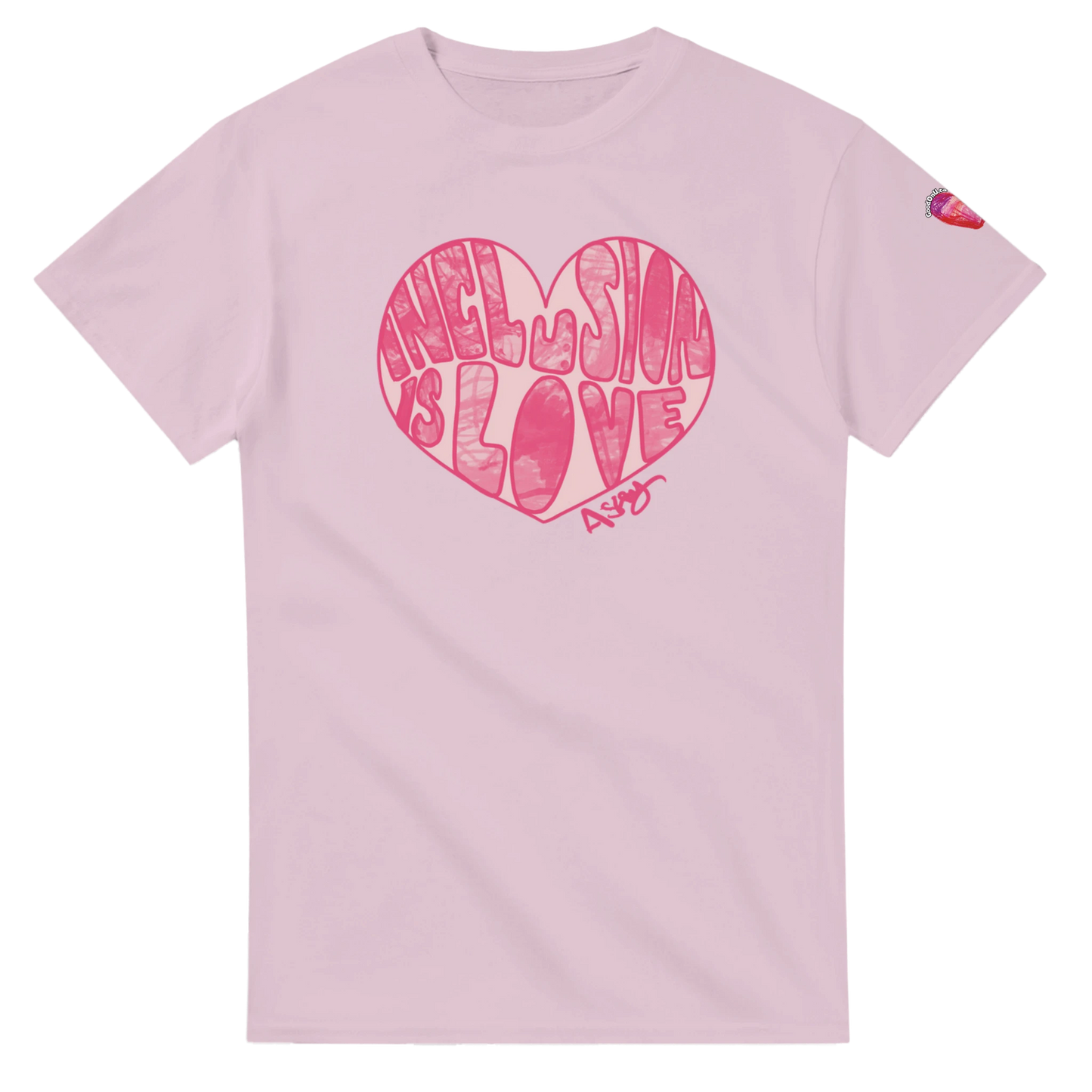 pink T-shirt with pink Inclusion is Love graffiti art design by self-advocate artist Ashley Caldwell promoting disability inclusion