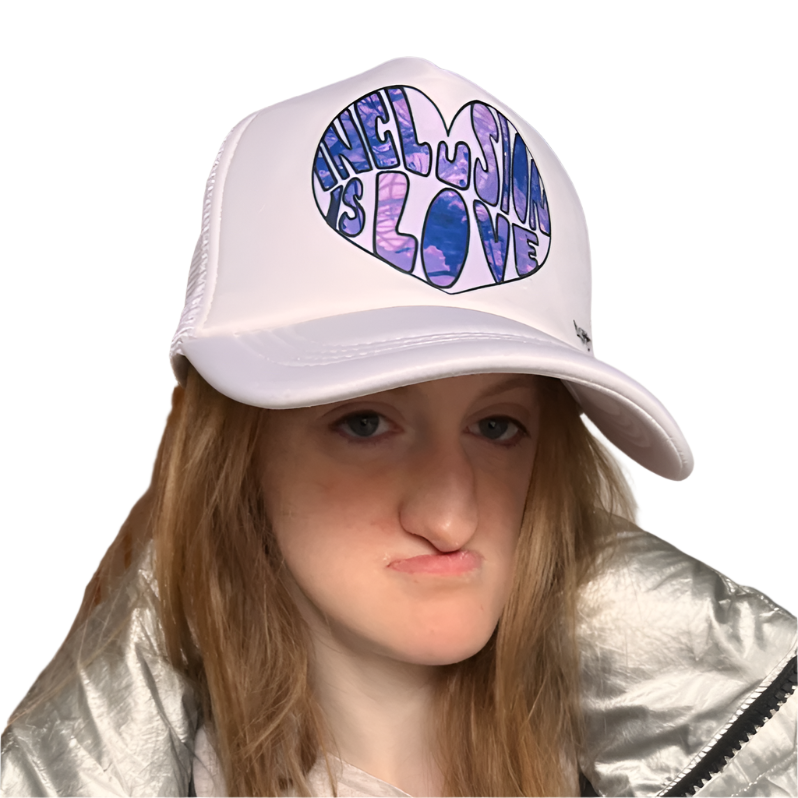 GoodOnU.ca baseball hat with Inclusion is Love graffiti art design by self-advocate artist Ashley Caldwell promoting disability inclusion