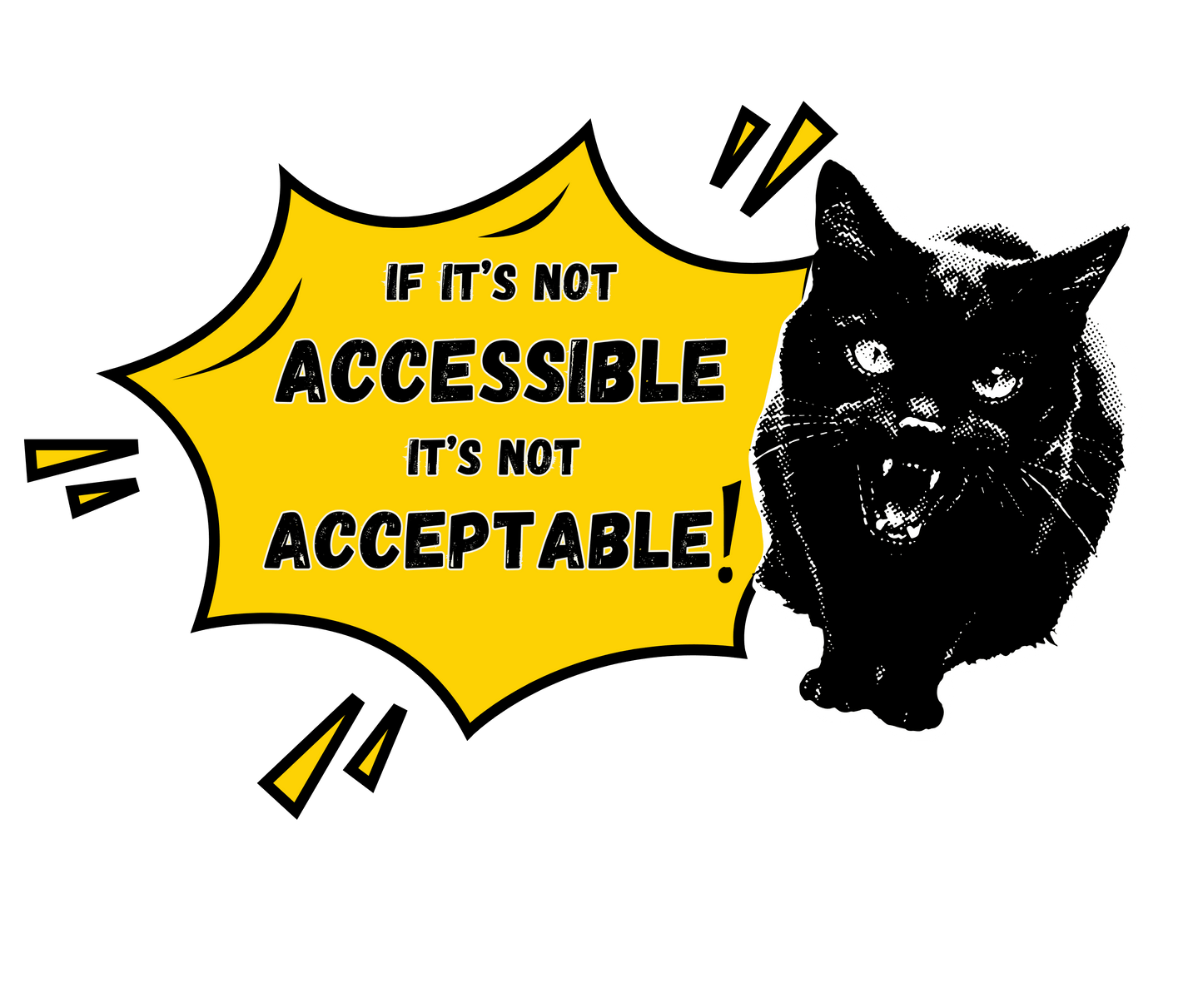 Black cat with a yellow speech bubble containing black text about accessibility