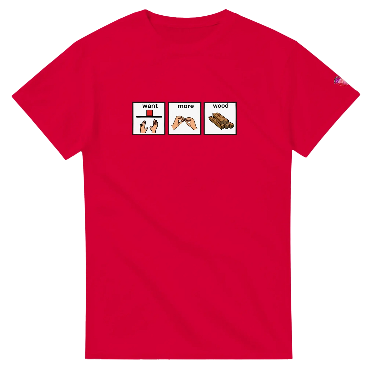 Red AAC Want More Wood tee celebrating communication rights for woodworkers and trades