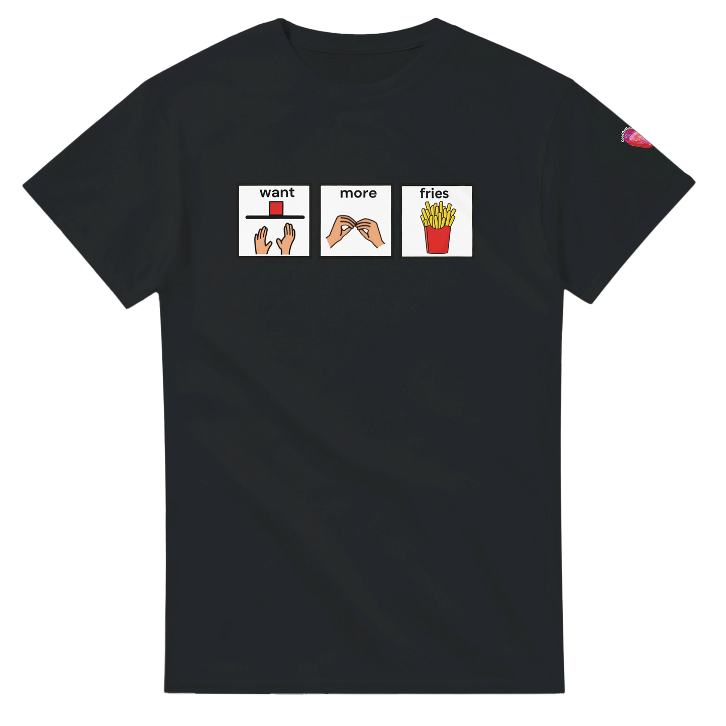 Want More Fries bilingual AAC t-shirt with communication board design for fries lovers. This image is the english black want more fries tee.