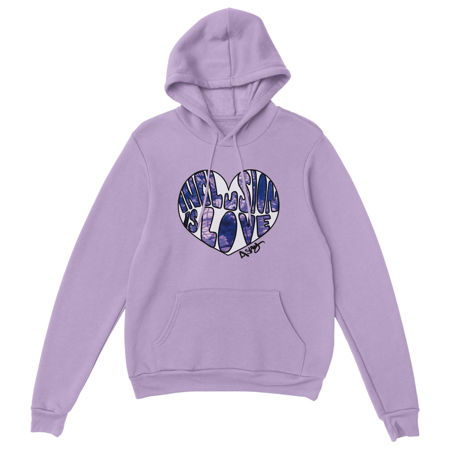 Purple Inclusion is love hoody with Inclusion is Love graffiti art design by self-advocate artist Ashley Caldwell promoting disability inclusion