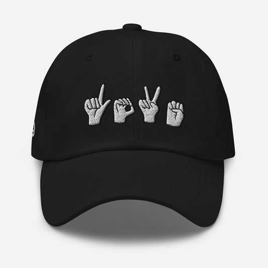 SIGN: LOVE dad hat, original, adult one size - GoodOnU.ca Baseball cap with embroidered ASL LOVE sign language hand symbol promoting deaf awareness and communication access