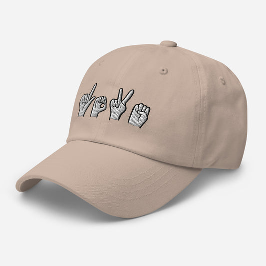 SIGN: LOVE dad hat, original, adult one size - GoodOnU.ca Baseball cap with embroidered ASL LOVE sign language hand symbol promoting deaf awareness and communication access"