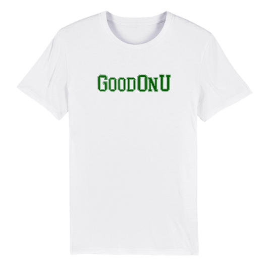 GoodOnU brand tee with classic collegiate font celebrating disability advocacy and inclusive design