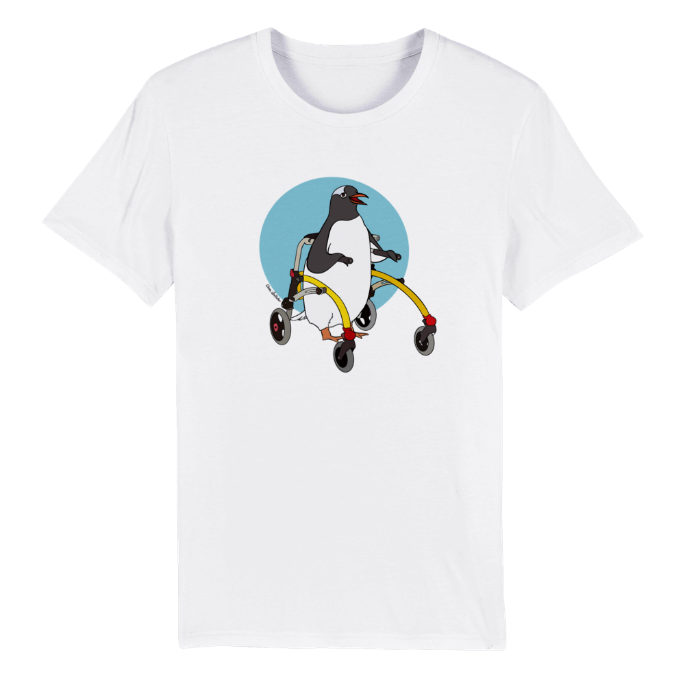 Penguin Walker Advocate t-shirt with an adorable penguin using walker, celebrating mobility aids and disability pride