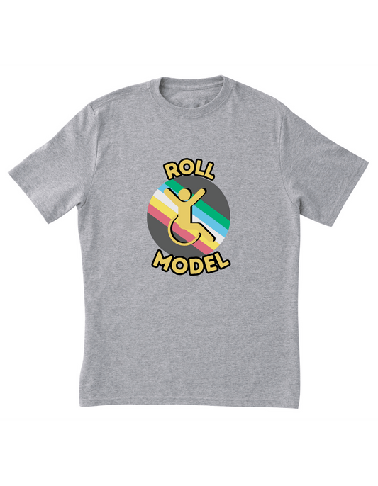 Roll Model T-shirt with Disability Pride Flag with the message roll model