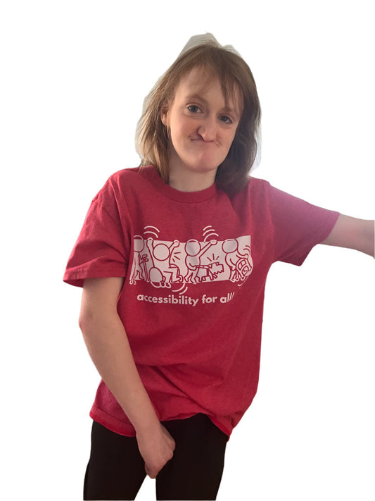 Ashley wearing our Red Shirt Accessibility for all  Tee 