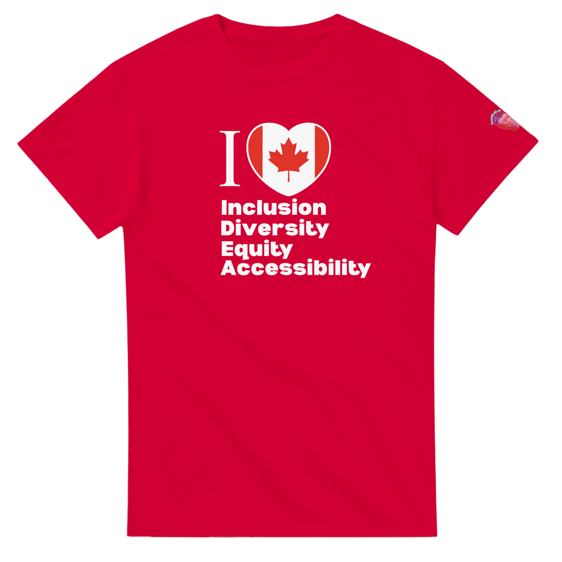 Red Advocacy T-shirt graphic reads I heart Inclusion, Diverity, Equity and Accessibility