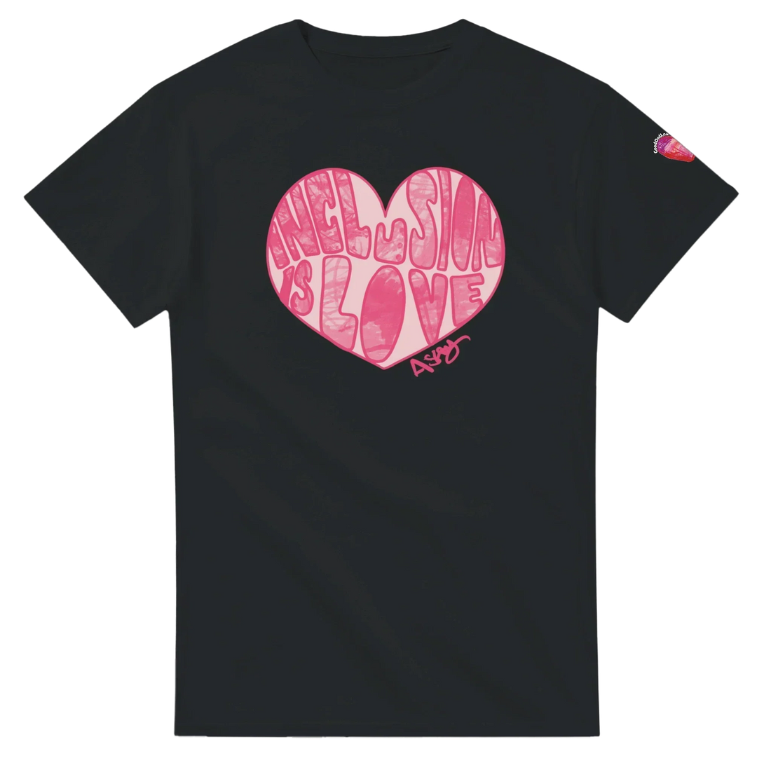 Black t-shirt with Inclusion is Love pink heart image