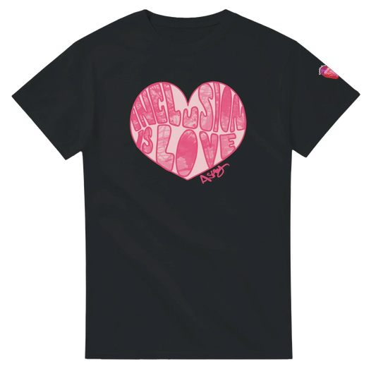 Black t-shirt with Inclusion is Love pink heart image