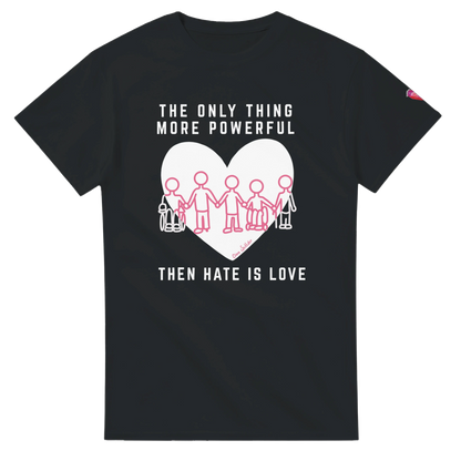 Black t-shirt with Love is More Powerful Than Hate anti-bullying design by Clara Whittaker supporting disability advocacy