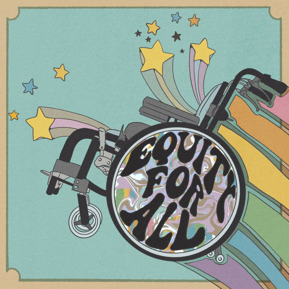 Wheelchair flying into the sky with shooting stars jetting out and a rainbow trailing behind the chair. 