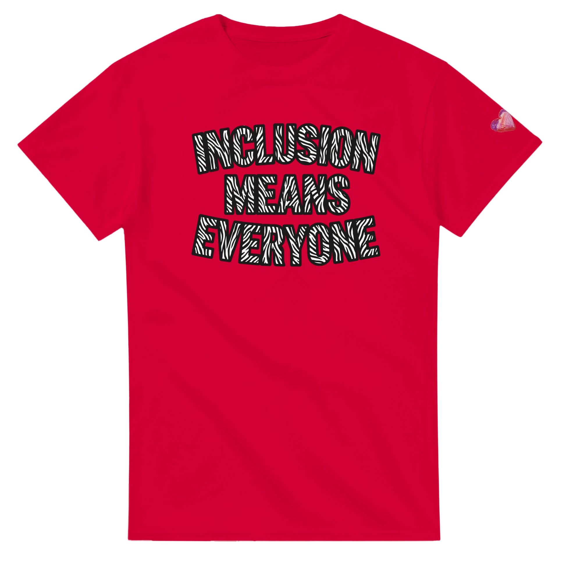Red t-shirt with 'INCLUSION MEANS EVERYONE' text in a block zebra print font background Rare Advocacy T-shirt 