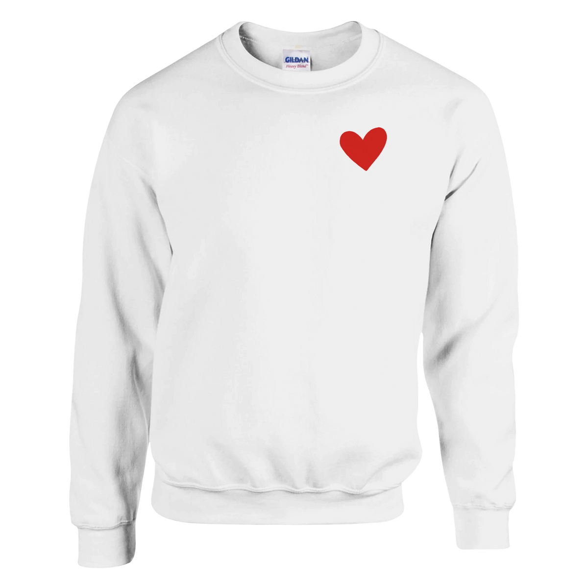 A white crewneck sweatshirt with a 2.5-inch 3D silicone heart red heart printed on the left chest, displayed on a clean white background.
