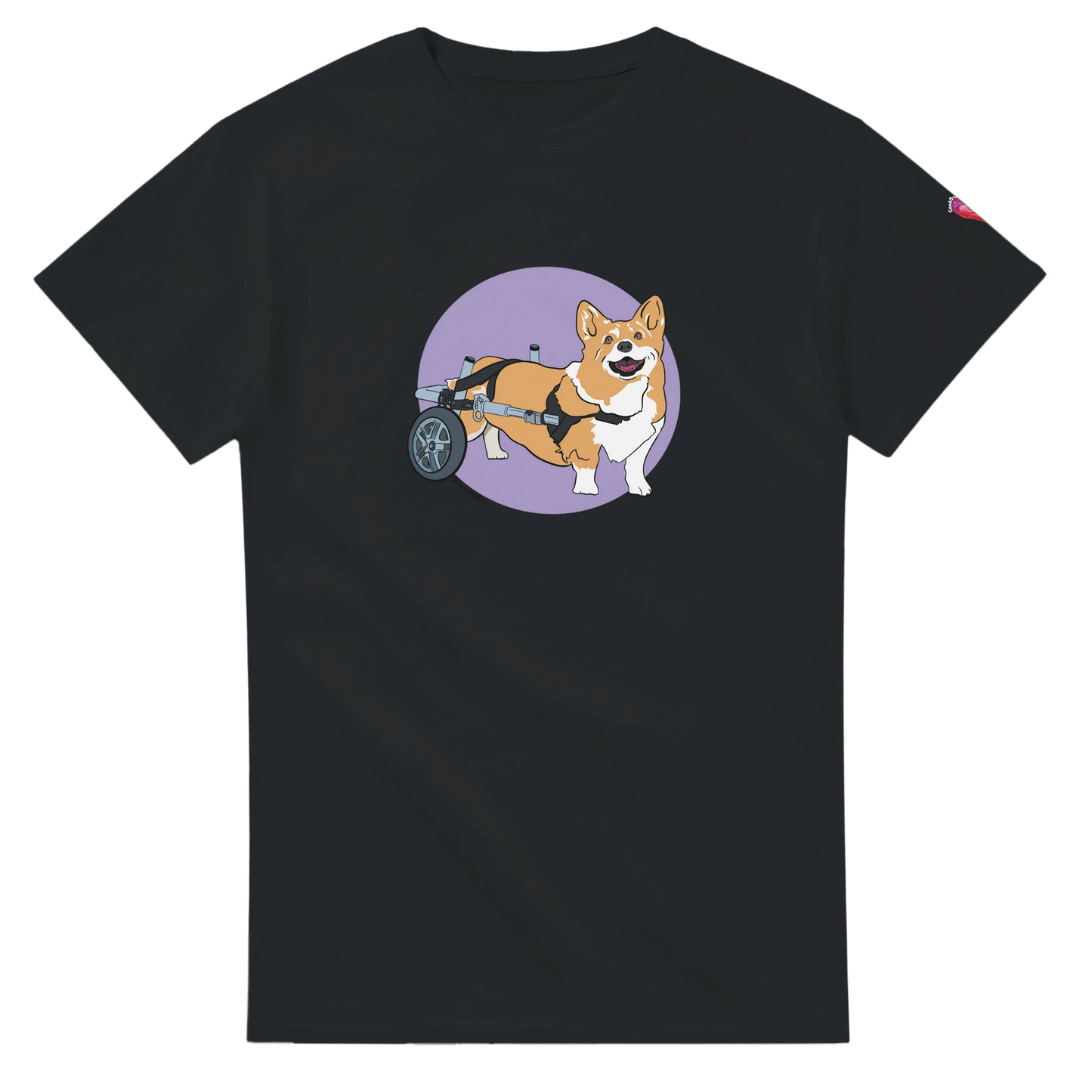 Black t-shirt with a corgi in a wheelchair graphic on a white background