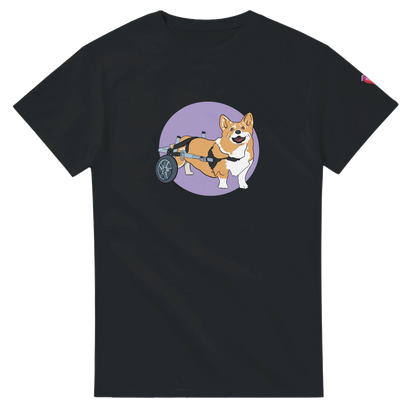 Black t-shirt with a corgi in a wheelchair graphic on a white background