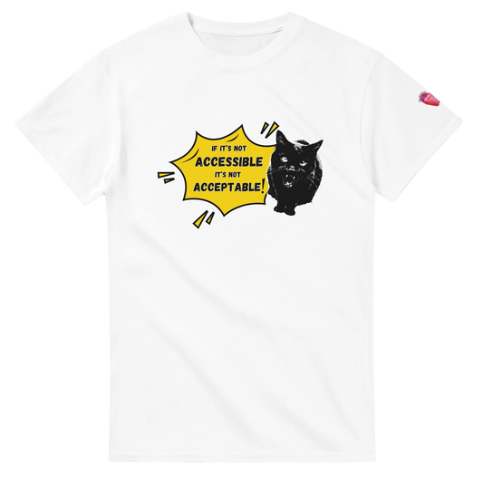 White t-shirt with a black cat graphic and text on a white background