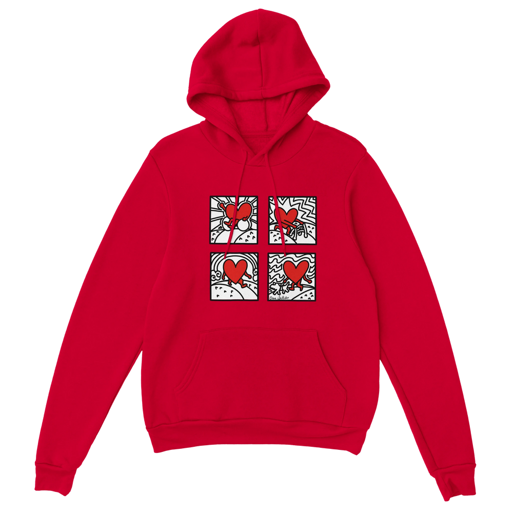 Red hoody with a modern graphic with hearts one in a wheelchair, one with a walker, one with an invisible disability and 4th heart has a seeing-eye-dog. These bright hearts are drawn on bold white and black backgrounds. Very visually appealing. 