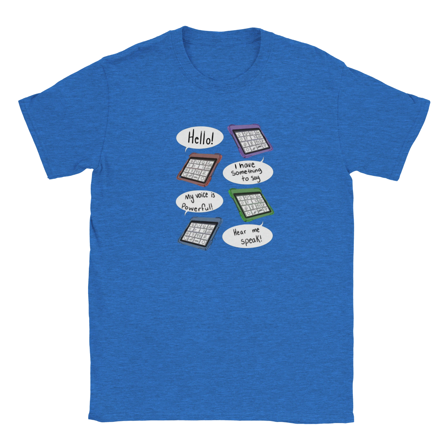 AAC communication advocacy tee with speech bubble design promoting that every voice matters
