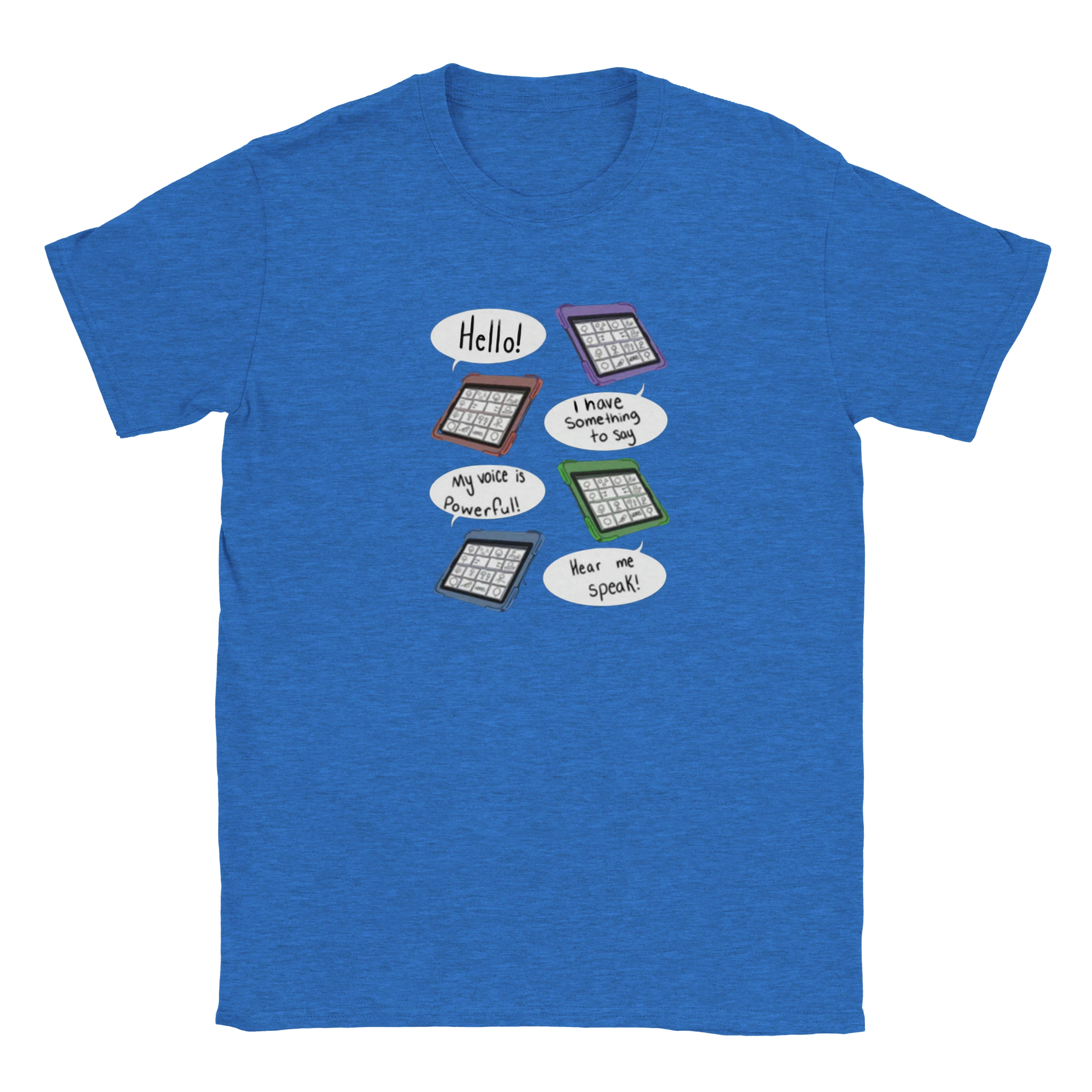 AAC communication advocacy tee with speech bubble design promoting that every voice matters
