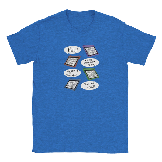 AAC communication advocacy tee with speech bubble design promoting that every voice matters
