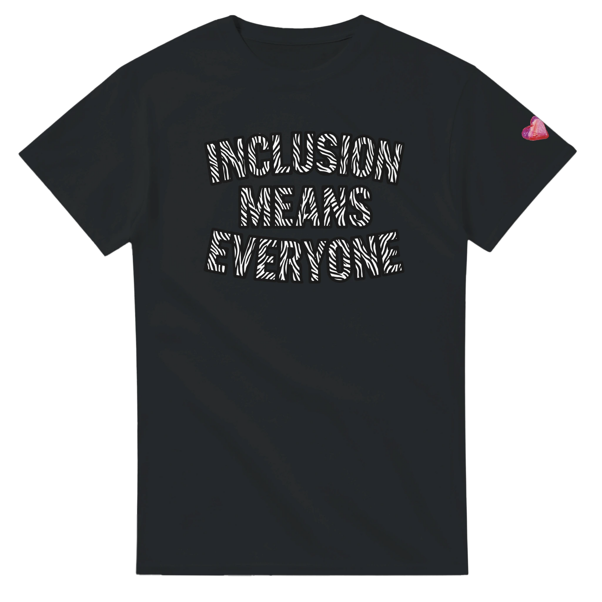 Black t-shirt with 'INCLUSION MEANS EVERYONE' text on the back, on a white background Rare Disease Advocacy 