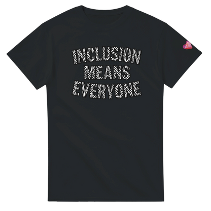 Black t-shirt with 'INCLUSION MEANS EVERYONE' text on the back, on a white background Rare Disease Advocacy 