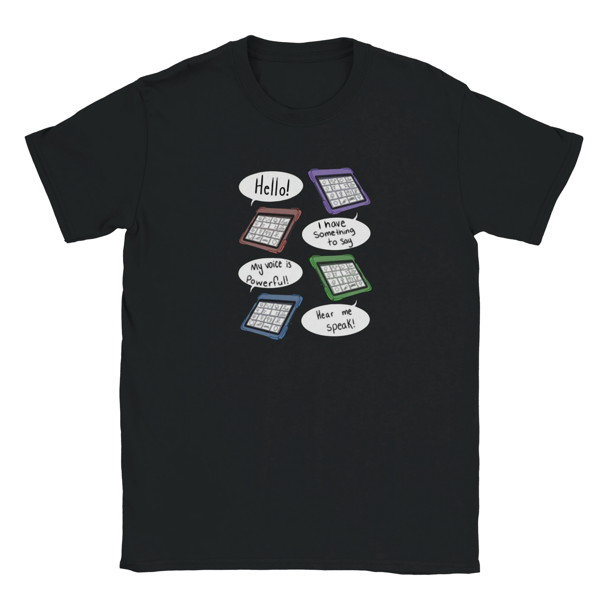 My voice matters AAC t-shirt celebrating augmentative communication users and their right to be heard
