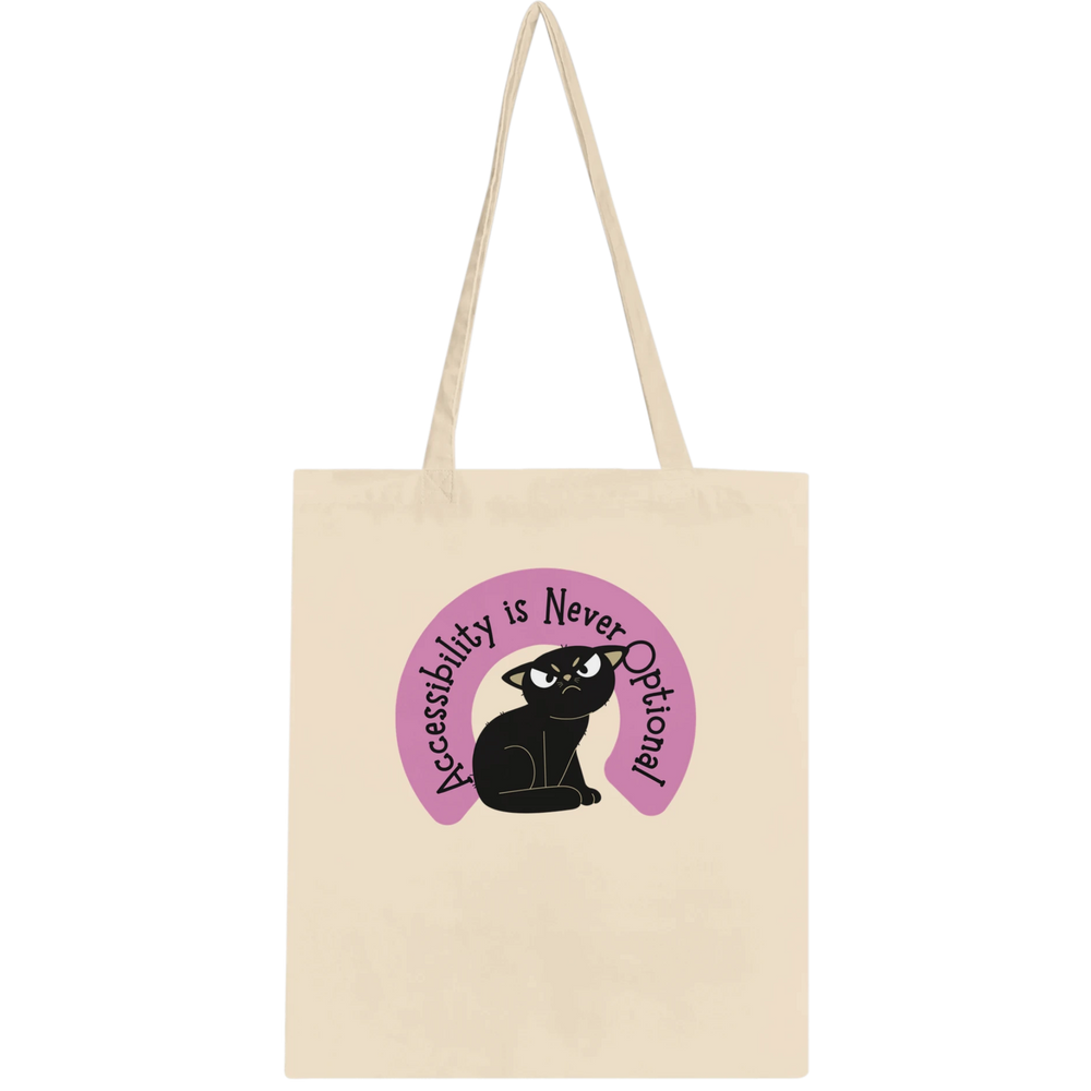 Beige tote bag with an Accessibility is Never Optional graphic featuring a black cat and text on a light purple background