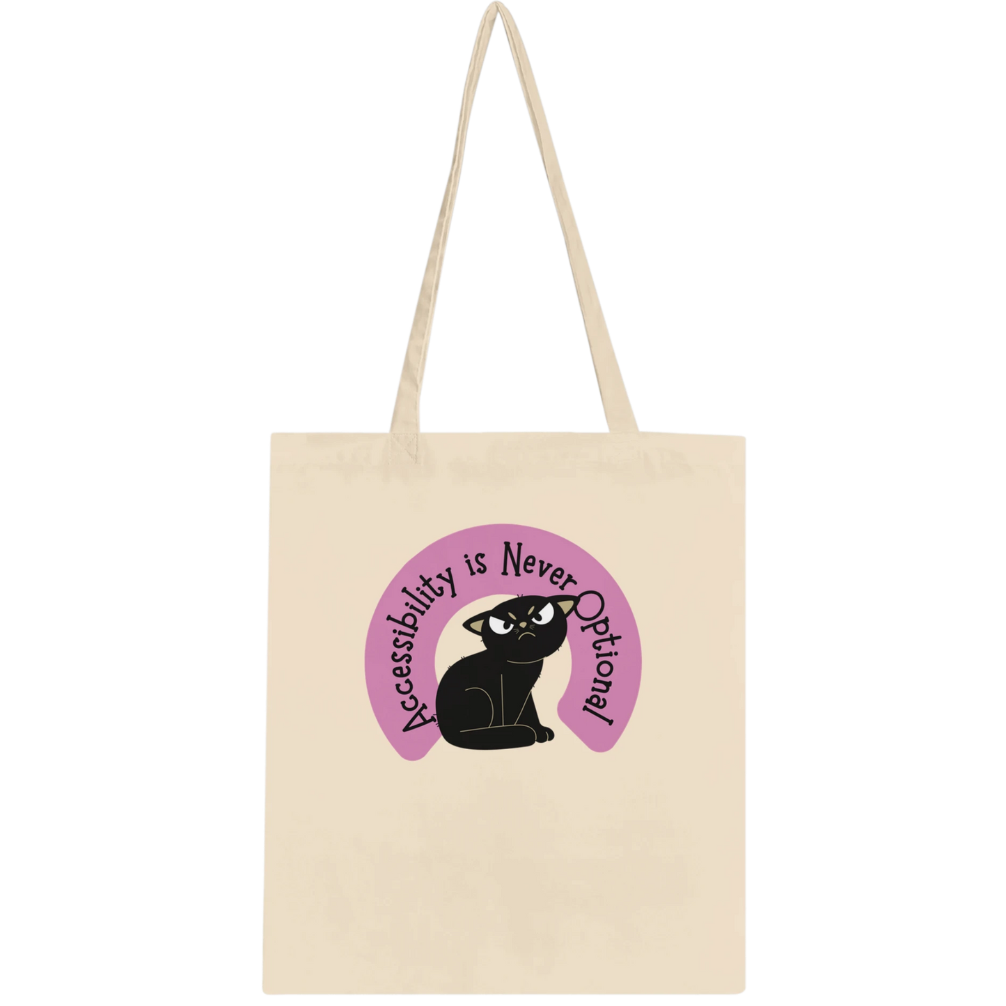 Beige tote bag with an Accessibility is Never Optional graphic featuring a black cat and text on a light purple background