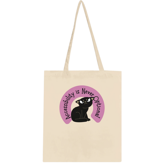 Beige tote bag with an Accessibility is Never Optional graphic featuring a black cat and text on a light purple background