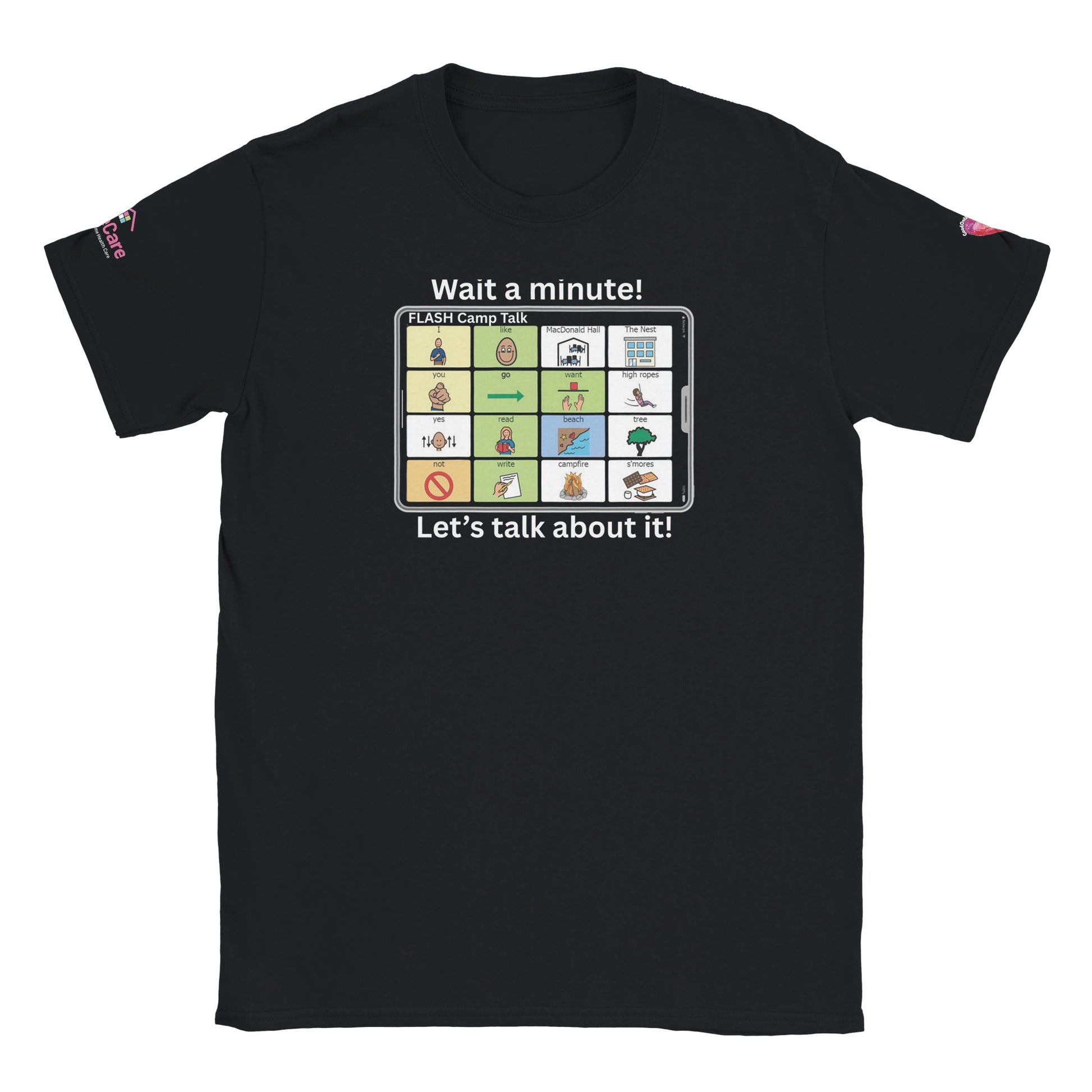 Black t-shirt with a graphic design featuring various symbols and text related to augmentative communication, with the text 'Wait a minute! Let's talk about it!' prominently displayed.