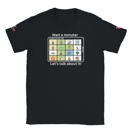 Black t-shirt with a graphic design featuring various symbols and text related to augmentative communication, with the text 'Wait a minute! Let's talk about it!' prominently displayed.