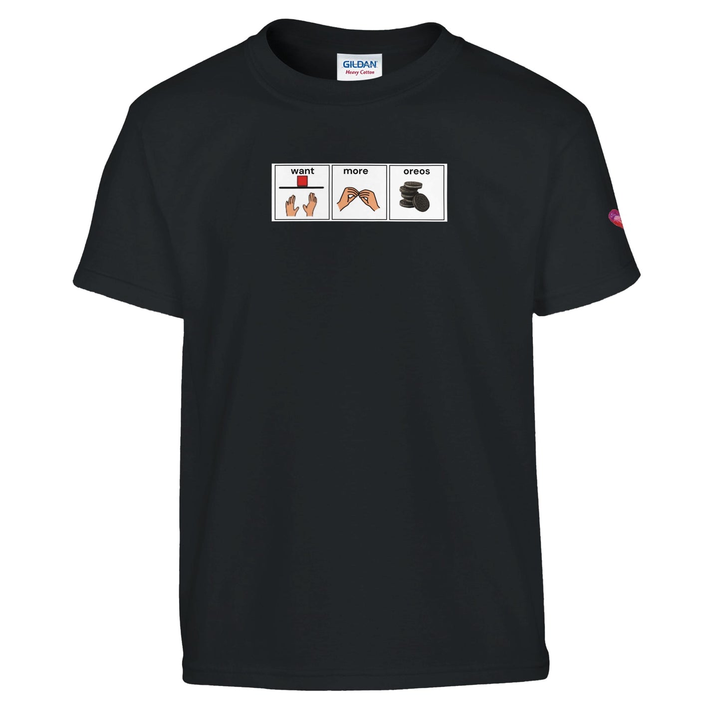 T-shirt with Want More OREO AAC communication board design promoting augmentative and alternative communication