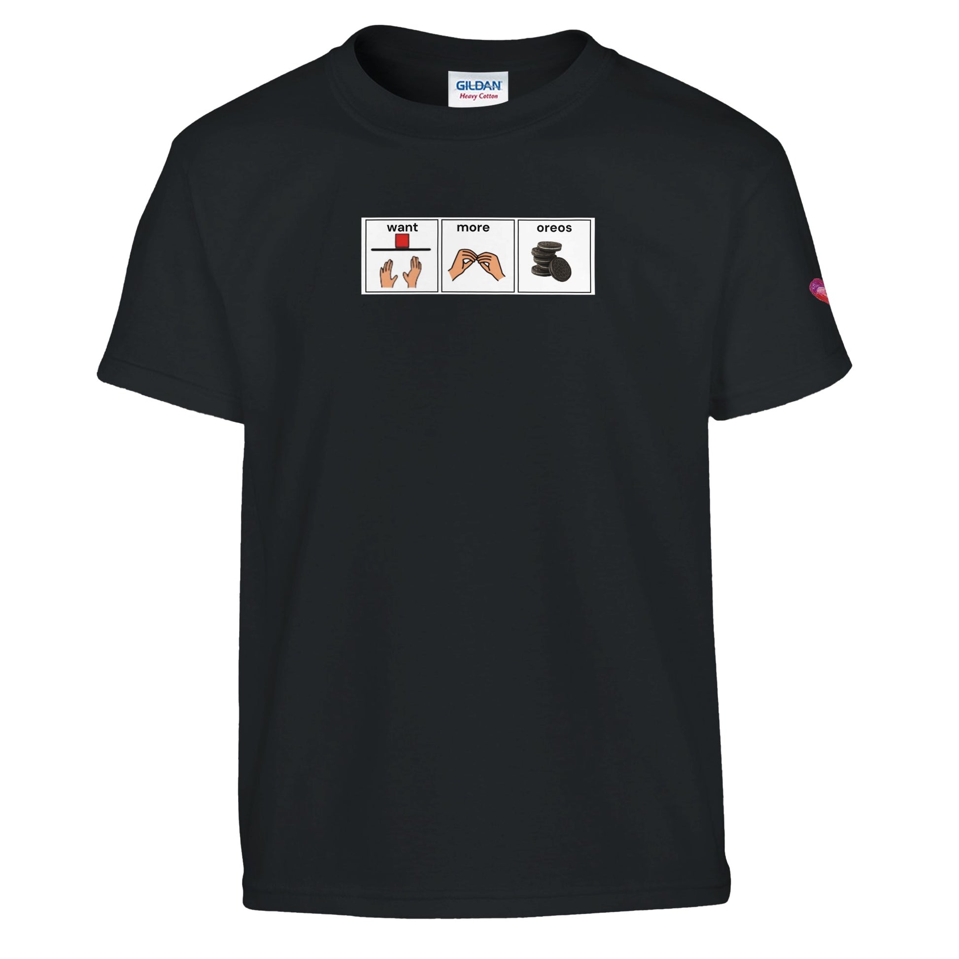 T-shirt with Want More OREO AAC communication board design promoting augmentative and alternative communication