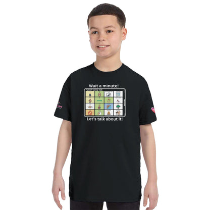 FLASH Camp participant wearing Wait a Minute Let's Talk About it AAC communication t-shirt

