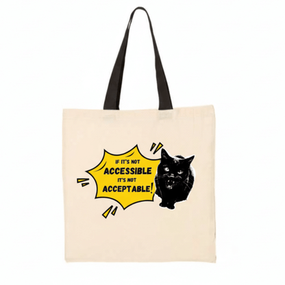 Tote bag with a black cat graphic and accessibility message on a white background
