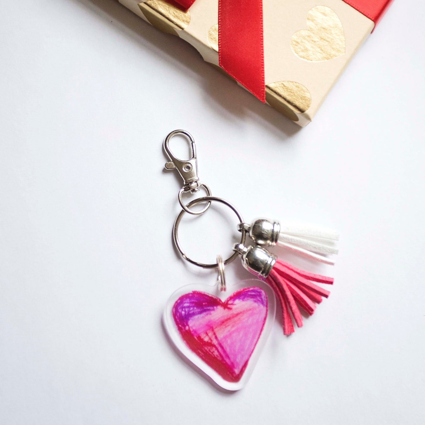 My Heart keychain with a lobster clasp and two tassels faux sued in Pink and White