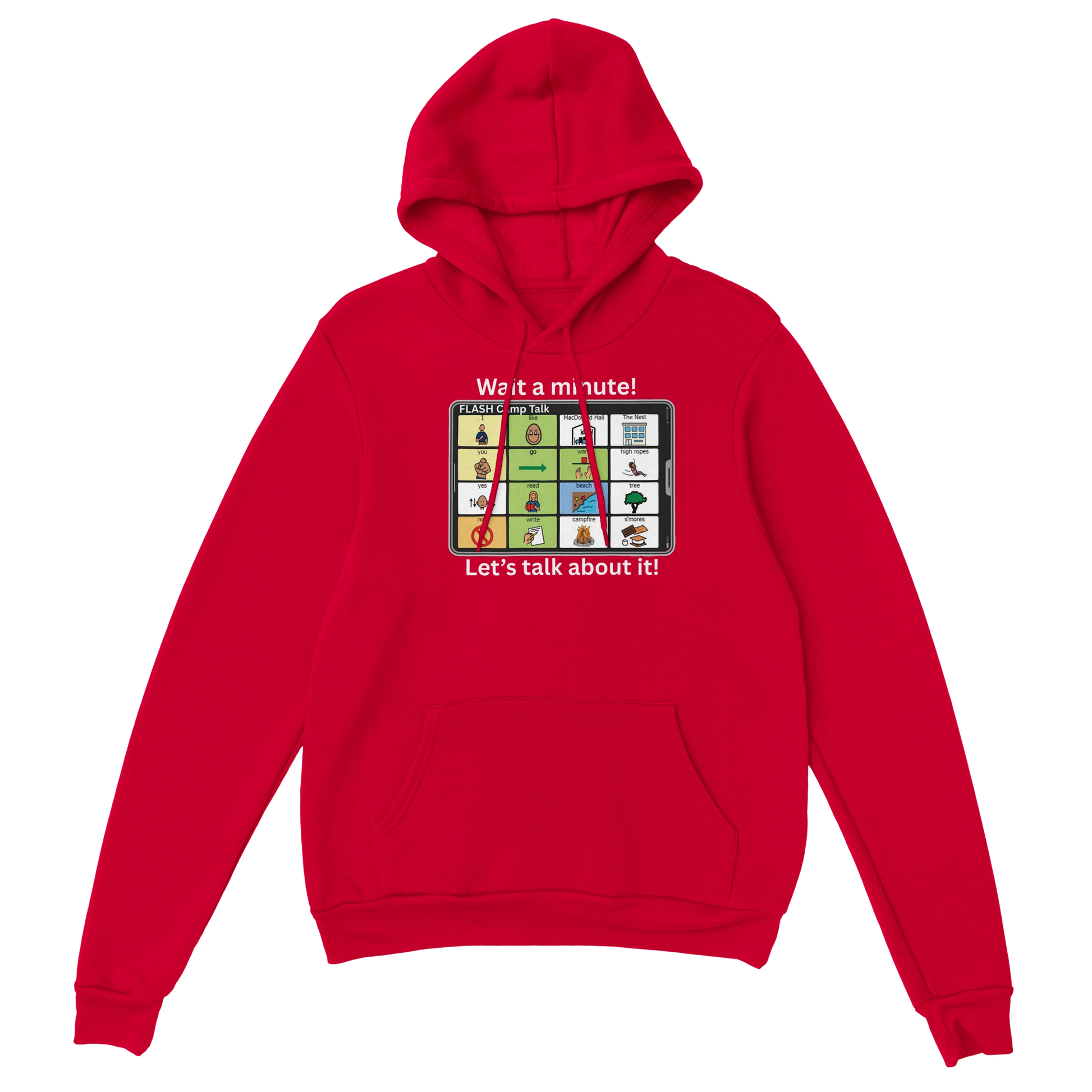 FLASH Camp Hoody flat lay showing full design with communication board graphics