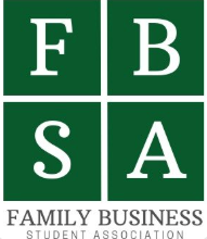 The Family Business Student Association (FBSA) logo, featuring four dark green squares with white letters 'F', 'B', 'S', and 'A' in a 2x2 grid, above the text 'FAMILY BUSINESS STUDENT ASSOCIATION' on a white background with a blue circular border.