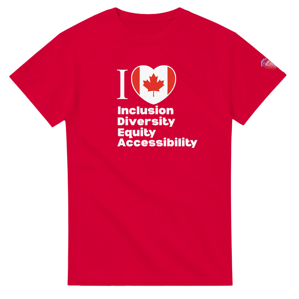 Red t-shirt with I Heart I.D.E.A. design supporting Inclusion, Diversity, Equity, and Accessibility for Red Shirt Day