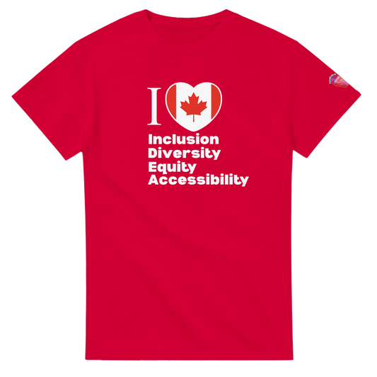 Red t-shirt with I Heart I.D.E.A. design supporting Inclusion, Diversity, Equity, and Accessibility for Red Shirt Day