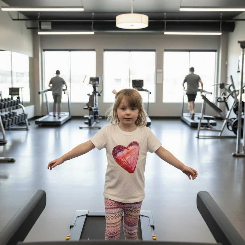Person wearing a white sweatshirt with a red heart design on a treadmill.